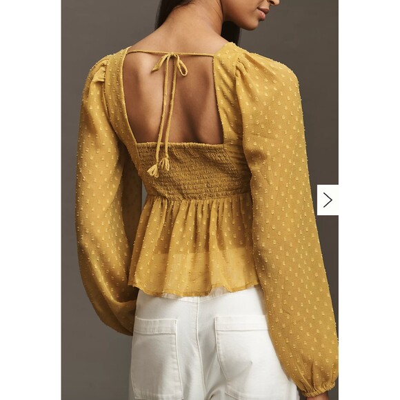 Anthropologie NWT Peplum Balloon Sleeve Blouse in Harvest Gold Medium - Picture 2 of 7